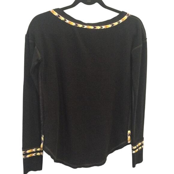 Free People Thermal Shirt Black Waffle Knit Embroidered Y2K Henley Top Size XS - Picture 7 of 13